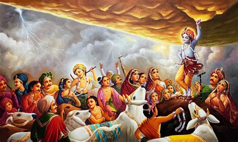 Krishna Lifting Mount Goverdhan! Vivid Depiction of Divine Power and Human Vulnerability